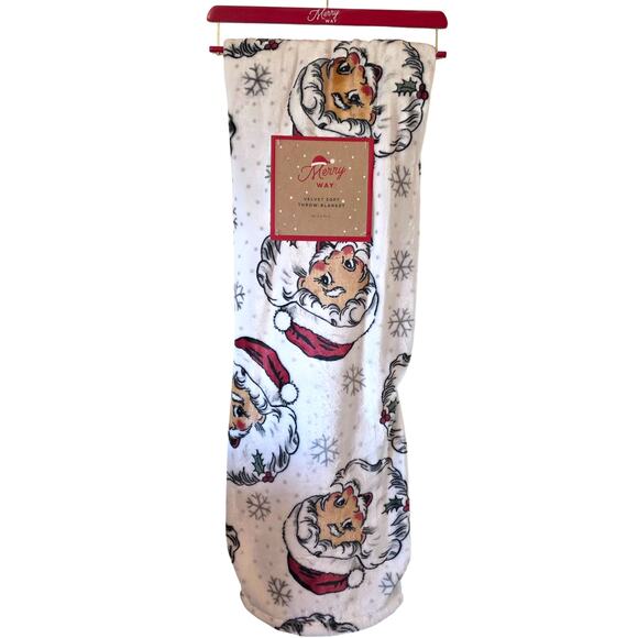 Merry Way Retro Santa Christmas Velvet Soft Plush Blanket Throw 50 x 7 White NEW - Picture 2 of 4